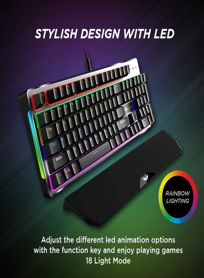 Remson K30 RGB Gaming Mechanical Keyboard 104 Keys Blue Switches Wired USB Keyboards with Detachable Wrist Rest, Arabic/English Gaming Mechanical Keyboard for PC Gamer Computer Desktop