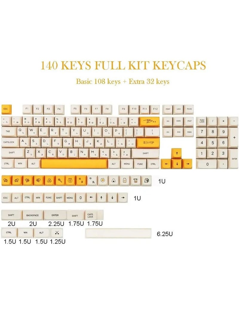 PBT Keycaps 140 Keys XDA Profile Keycaps Dye-Sub Japanese Honey Milk Keycap, ANSI Layout Keycap Suitable for Mechanical Gaming Keyboard Gateron Kailh Cherry MX Switches (Keycaps only)
