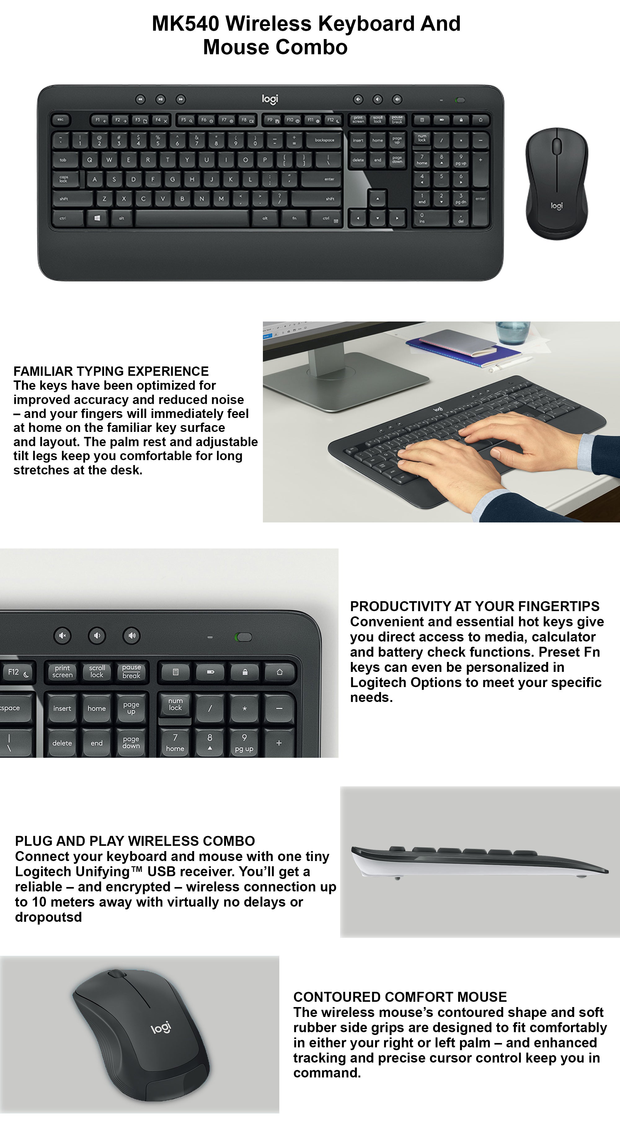 MK540 Wireless Keyboard and Mouse Combo for Windows, 2.4 GHz Wireless with Unifying USB-Receiver, Wireless Mouse, Multimedia Hot Keys, 3-Year Battery Life, PC/Laptop Black