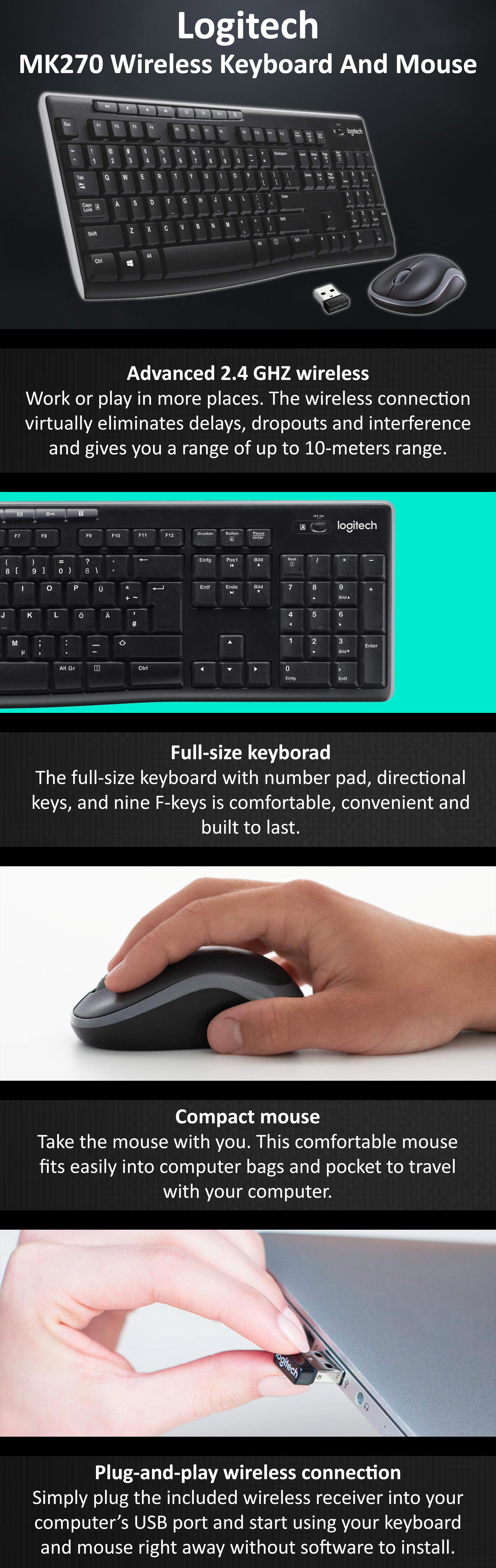 MK270 Wireless Combo Keyboard and Mouse, English Arabic Layout, Long Battery Life, 1000 DPI Resolution, Multimedia Keys, Compact Design Black