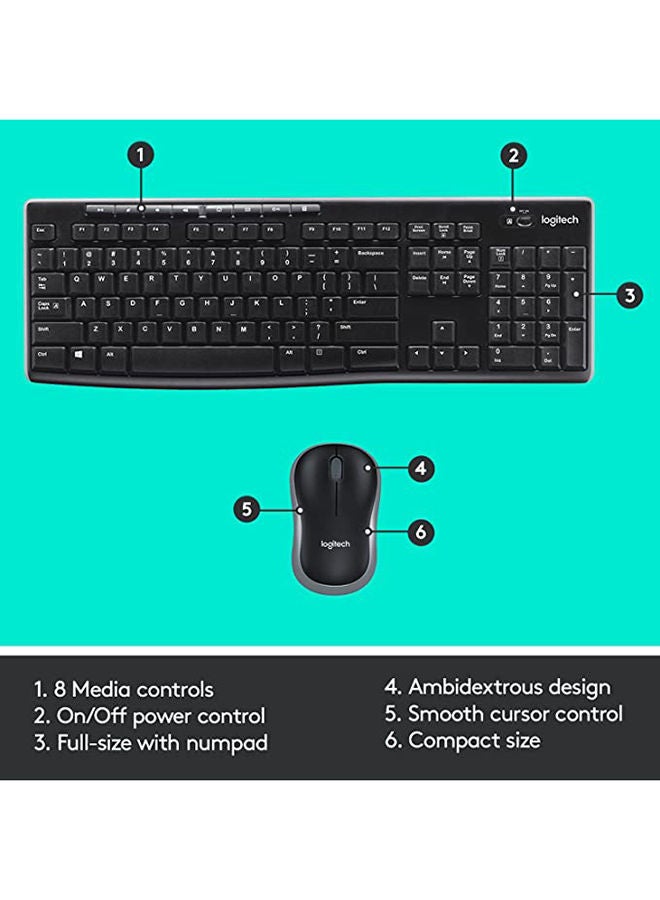 MK270 Wireless Combo Keyboard and Mouse, English Arabic Layout, Long Battery Life, 1000 DPI Resolution, Multimedia Keys, Compact Design Black