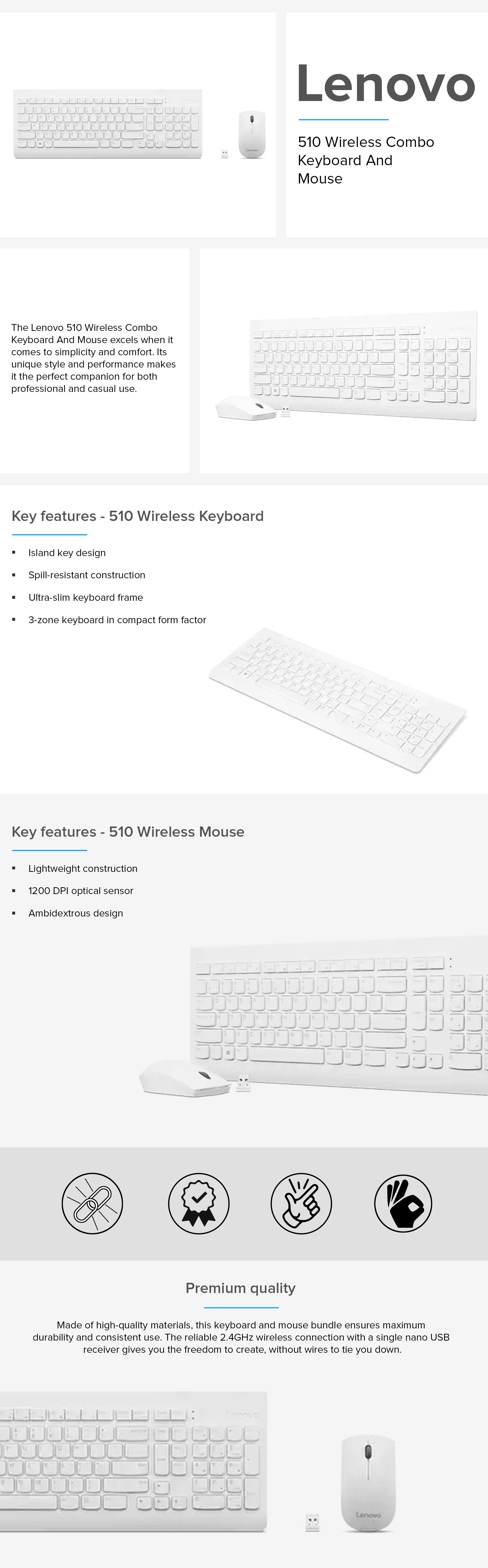 510 Wireless Combo with 2.4 GHz USB Receiver, Slim Full Size Keyboard, 1200 DPI Optical Mouse WHITE