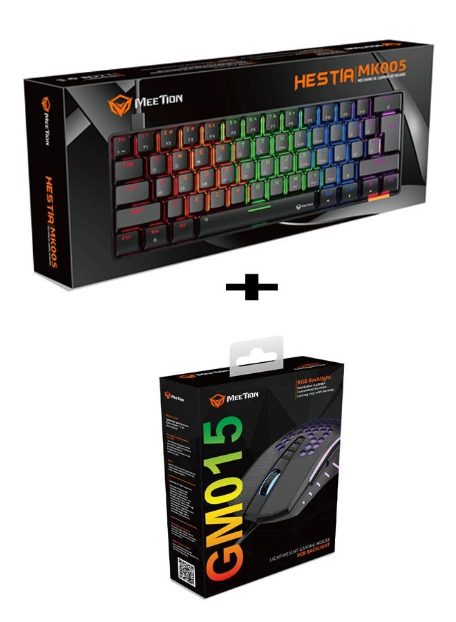 MEETION MK005 Hotswap 60 Custom RGB Backlit Mini 61 Keys 60% Gaming Mechanical Keyboard For Computer and Gamer Mouse 3200Dpi USB RGB Flowing Backlit Light PC Computer Honeycomb Gaming Mice(MK005 + GM2