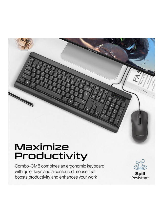 Silent Wired Keyboard with Ambidextrous 1200 DPI Mouse, Silicone Grip and Spill-Resistant, Combo-CM6 Black