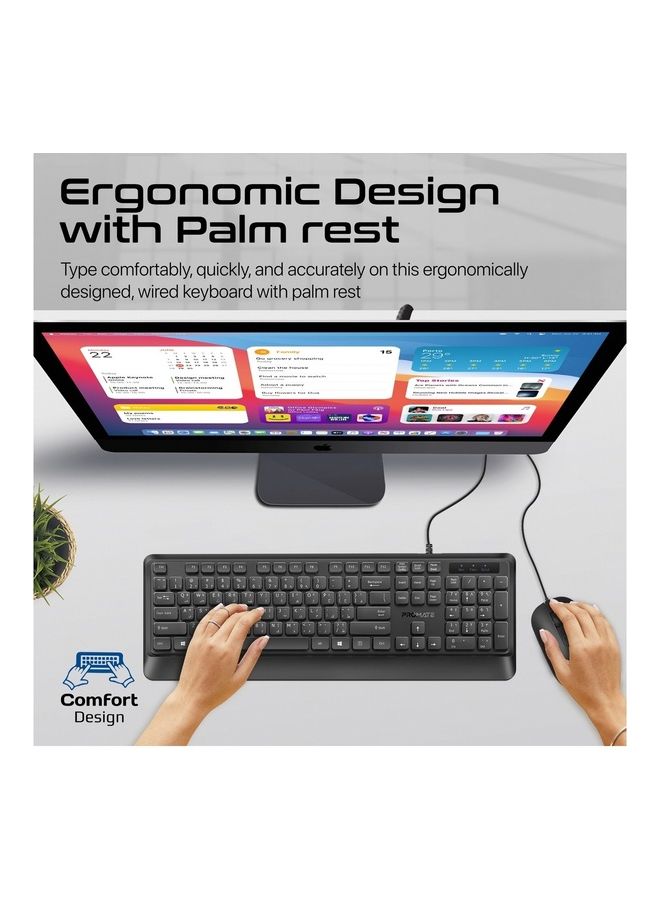 Wired Keyboard and Mouse Combo, Ergonomic Slim Full-Size Quiet Keyboard with 2400 DPI Mouse, Palm Rest, Angled Kickstand and Anti-Slip Silicone Grip for iMac, MacBook Pro, Dell XPS 13 BLACK