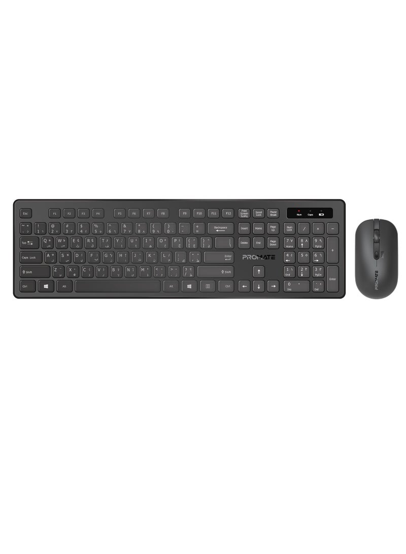 Promate Wireless Keyboard and Mouse Combo, Slim Full-Size 2.4Ghz Wireless Keyboard with 1600 DPI Ambidextrous Mouse, Nano USB Receiver, Quiet Keys, Angled Kickstand Black