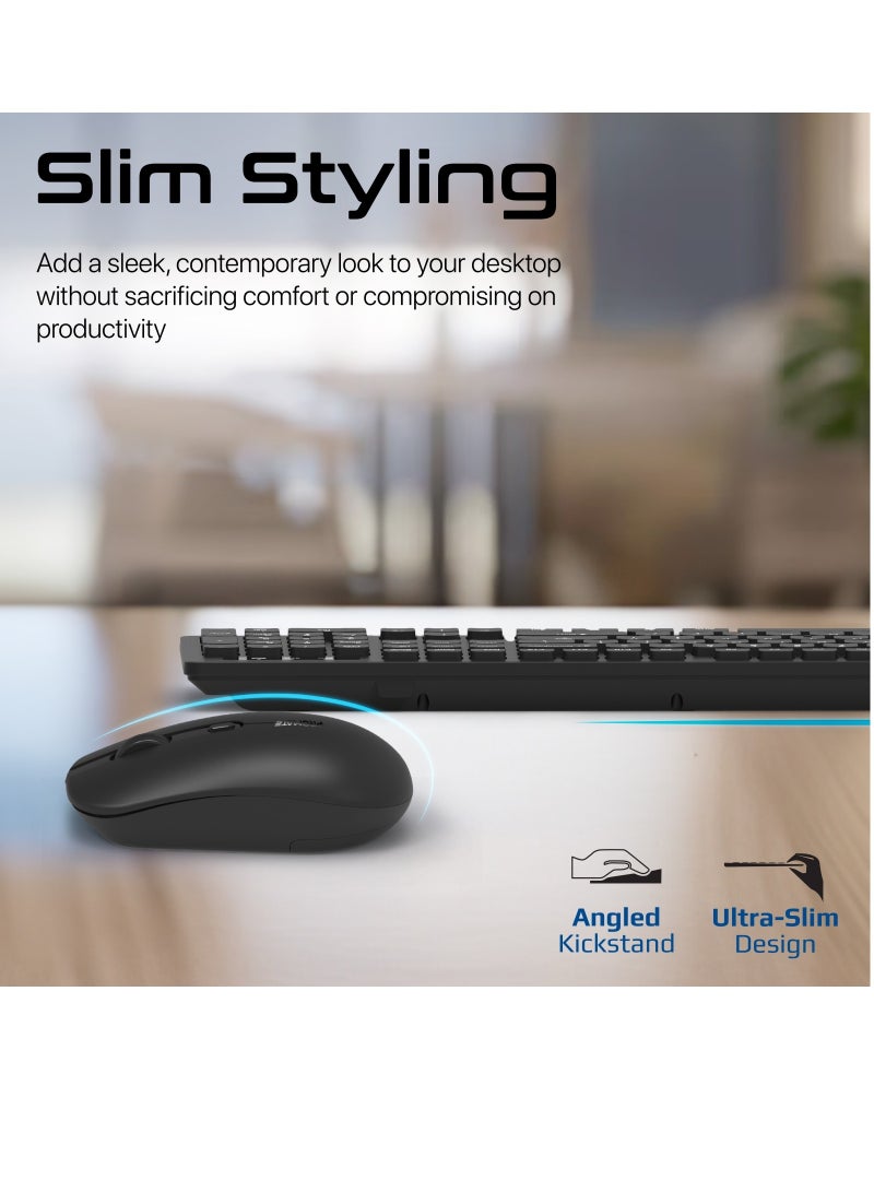 Promate Wireless Keyboard and Mouse Combo, Slim Full-Size 2.4Ghz Wireless Keyboard with 1600 DPI Ambidextrous Mouse, Nano USB Receiver, Quiet Keys, Angled Kickstand Black