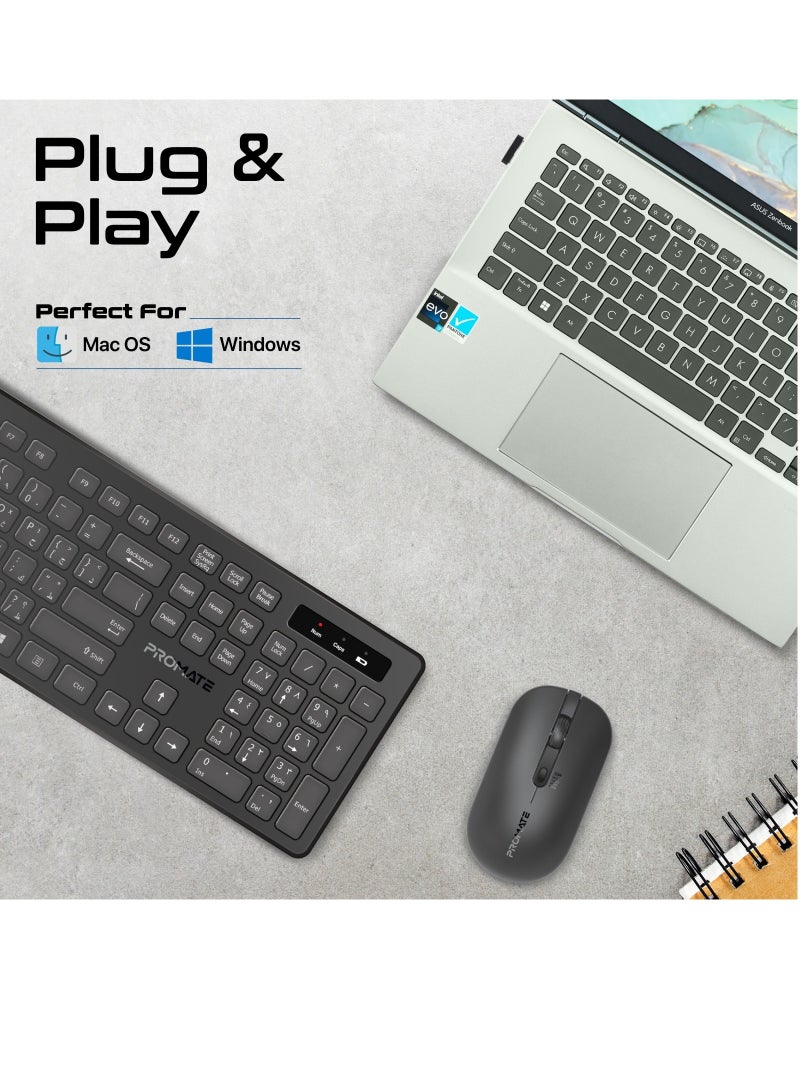 Promate Wireless Keyboard and Mouse Combo, Slim Full-Size 2.4Ghz Wireless Keyboard with 1600 DPI Ambidextrous Mouse, Nano USB Receiver, Quiet Keys, Angled Kickstand Black