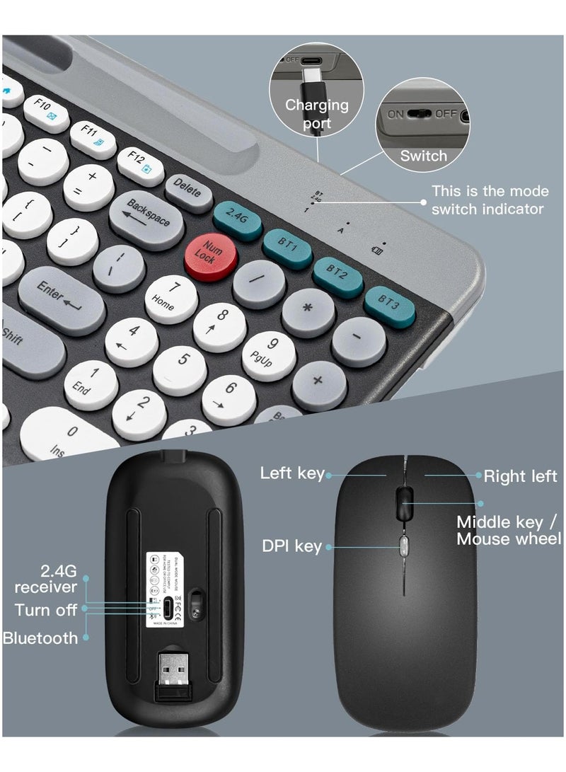 Arabic & English Wireless Keyboard and Mouse Combo, Multi-Device (Bluetooth+2.4G) Keyboard Mouse with Phone Tablet Holder, Full-Sized Typewriter Cordless Keyboard and Mouse for Computer/Laptop (Black)