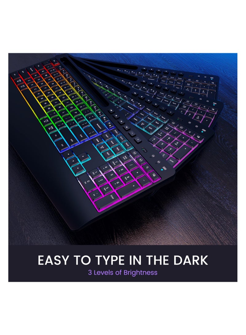 Wireless Keyboard and Mouse RGB Backlit- 2.4G Rechargeable Keyboard Full-Size with Phone/Tablet Holder, Silent Ergonomic Wireless Keyboard Mouse Combo for Computer, PC, Laptop