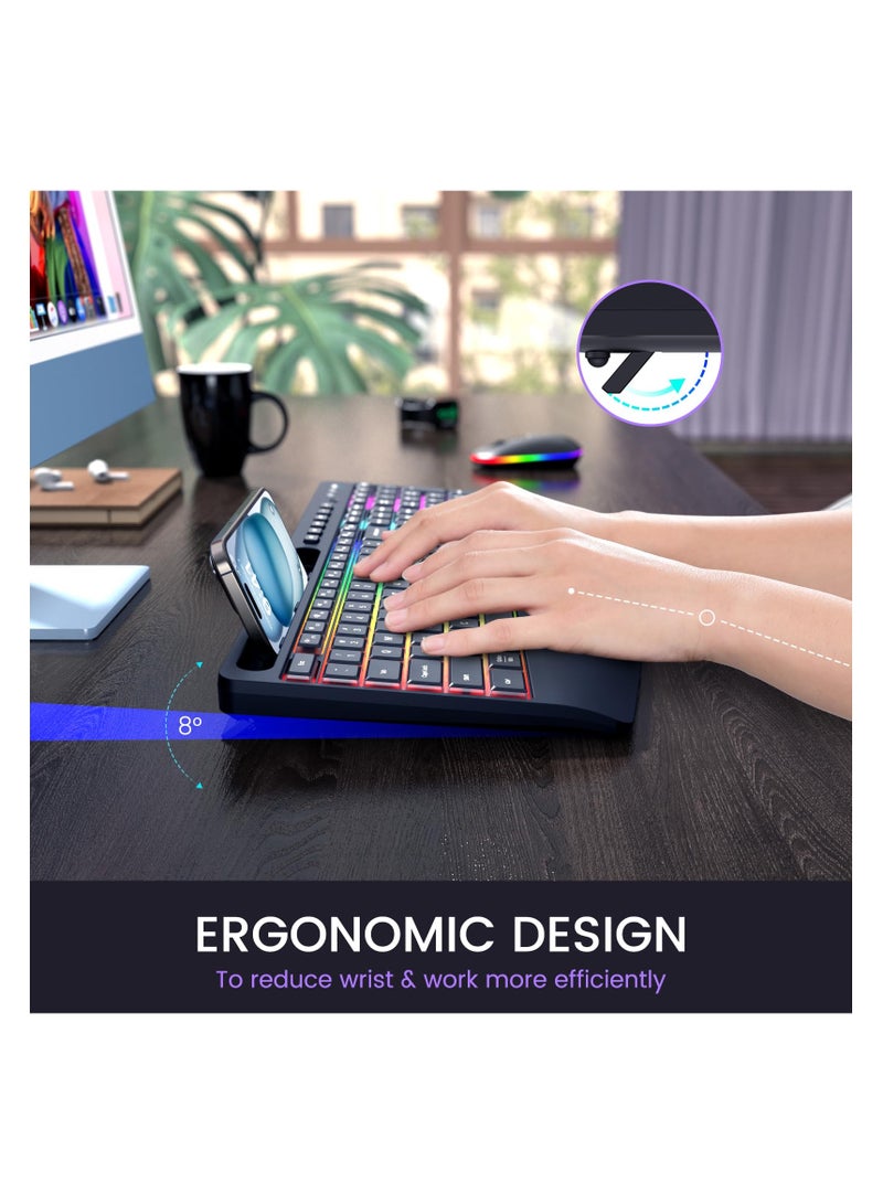 Wireless Keyboard and Mouse RGB Backlit- 2.4G Rechargeable Keyboard Full-Size with Phone/Tablet Holder, Silent Ergonomic Wireless Keyboard Mouse Combo for Computer, PC, Laptop