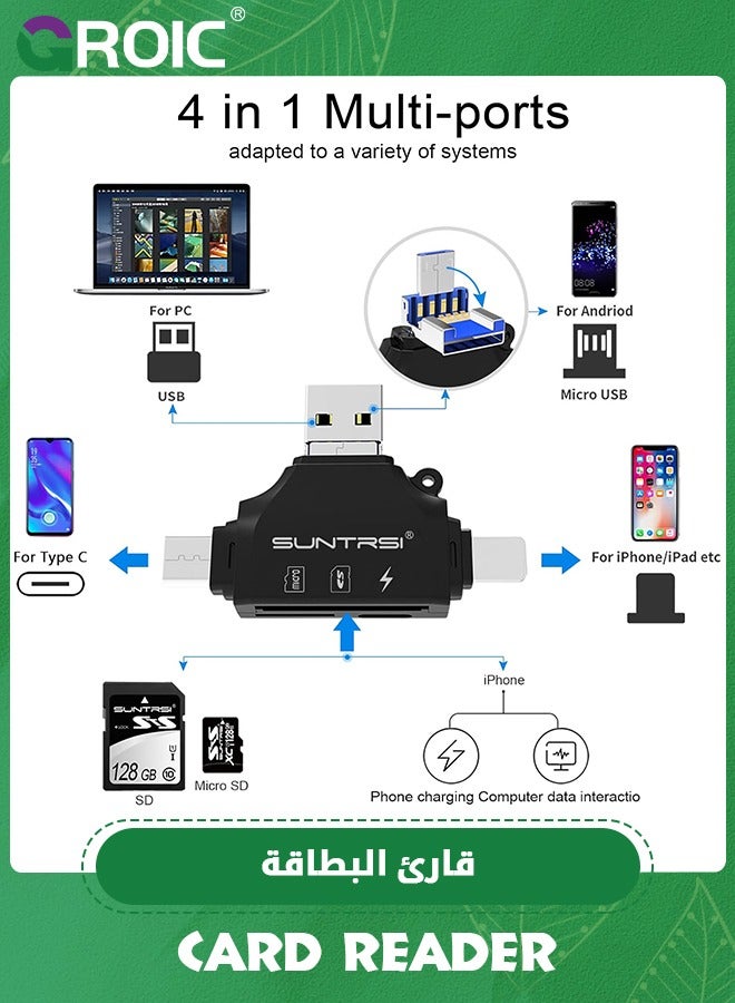 4 in 1 SD Card Reader for iPhone ipad Android Mac PC Camera, Micro SD Card Reader SD Card Adapter Portable Memory Card Reader Trail Camera Viewer Compatible for SD and TF Card