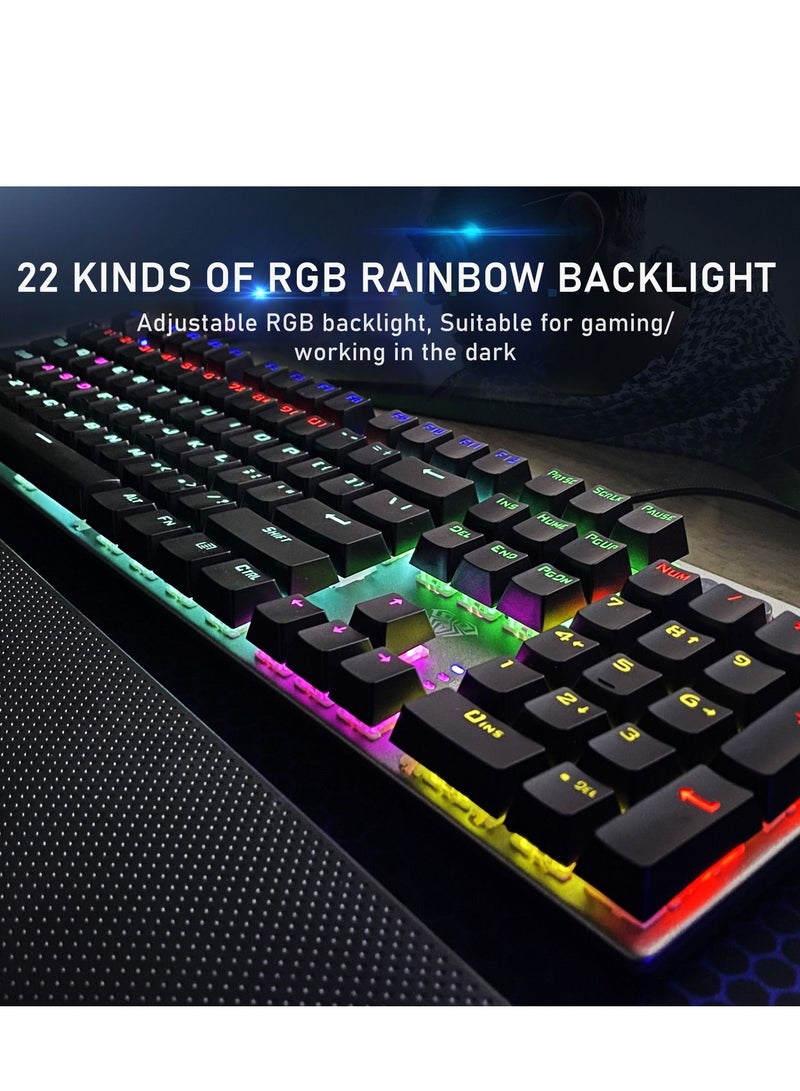 Mechanical Gaming Keyboard NKRO with Wrist Rest RGB Backlit Volume/Lighting Control Knob Fully Programmable 108-Keys Anti-Ghosting Wired Computer Keyboards for Office/Games, Red Switch