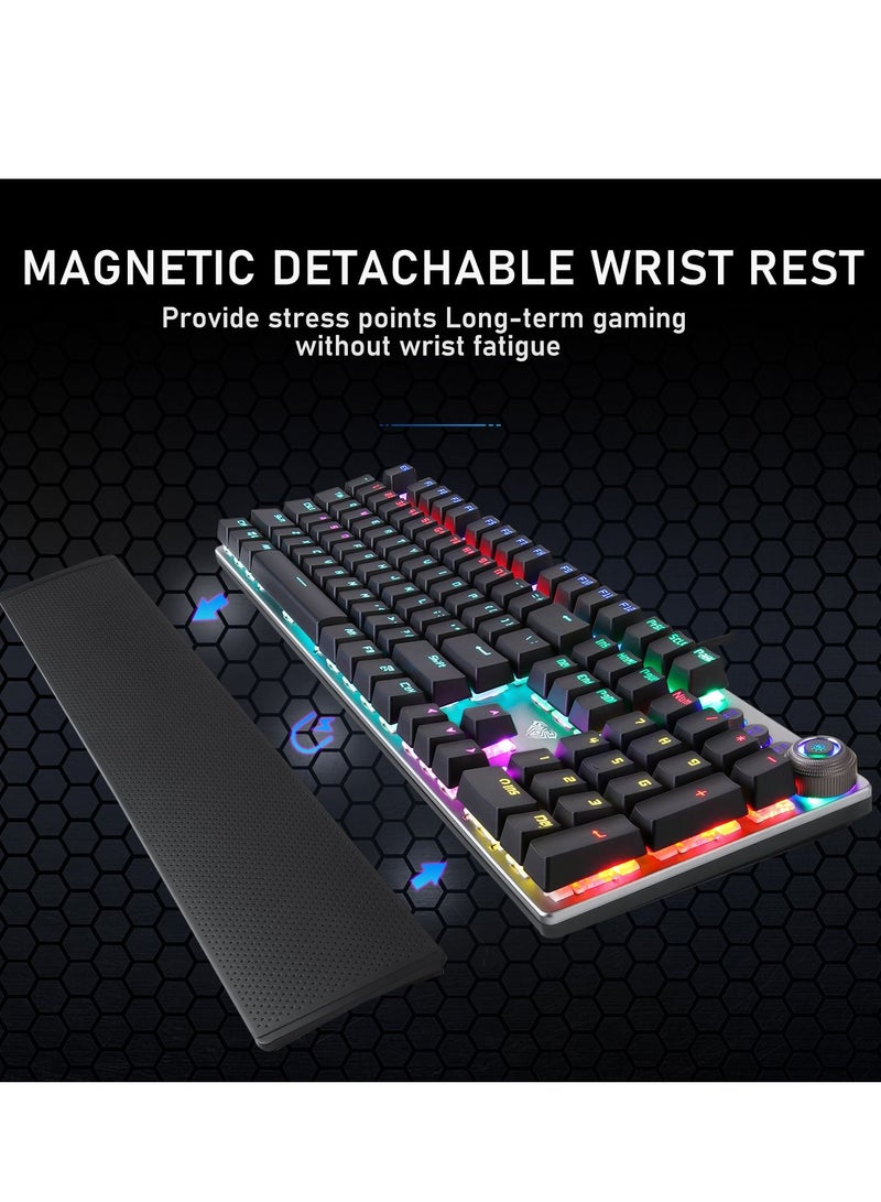 Mechanical Gaming Keyboard NKRO with Wrist Rest RGB Backlit Volume/Lighting Control Knob Fully Programmable 108-Keys Anti-Ghosting Wired Computer Keyboards for Office/Games, Red Switch