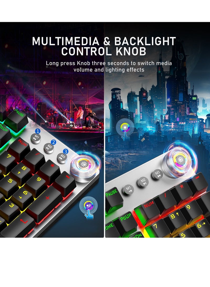 Mechanical Gaming Keyboard NKRO with Wrist Rest RGB Backlit Volume/Lighting Control Knob Fully Programmable 108-Keys Anti-Ghosting Wired Computer Keyboards for Office/Games, Red Switch