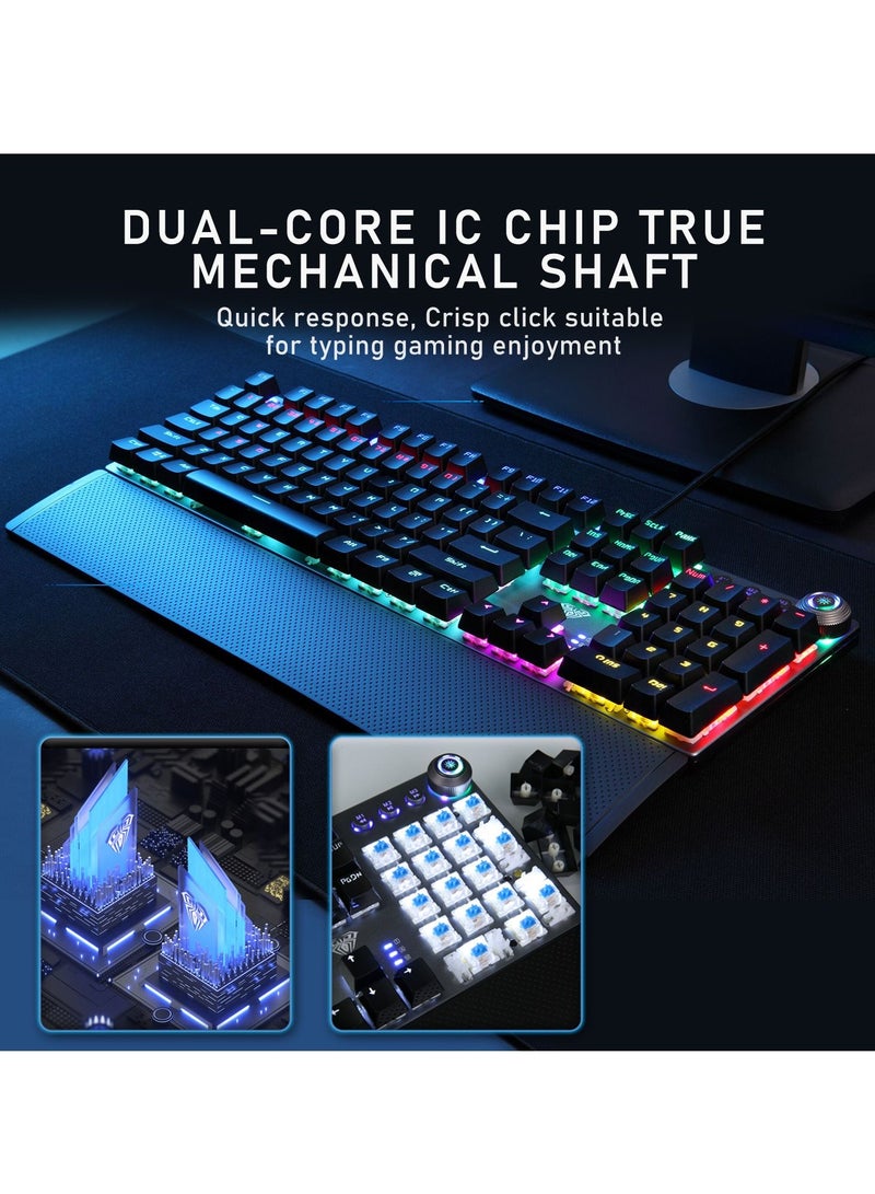 Mechanical Gaming Keyboard NKRO with Wrist Rest RGB Backlit Volume/Lighting Control Knob Fully Programmable 108-Keys Anti-Ghosting Wired Computer Keyboards for Office/Games, Red Switch