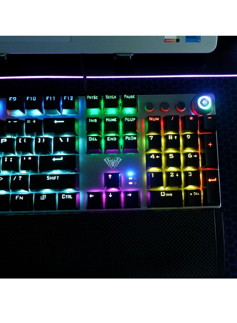 Mechanical Gaming Keyboard NKRO with Wrist Rest RGB Backlit Volume/Lighting Control Knob Fully Programmable 108-Keys Anti-Ghosting Wired Computer Keyboards for Office/Games, Red Switch