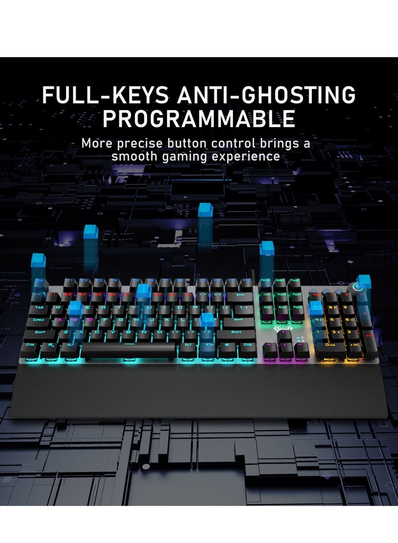 Mechanical Gaming Keyboard NKRO with Wrist Rest RGB Backlit Volume/Lighting Control Knob Fully Programmable 108-Keys Anti-Ghosting Wired Computer Keyboards for Office/Games, Red Switch