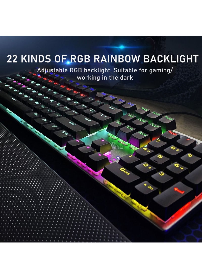 Mechanical Gaming Keyboard NKRO with Wrist Rest RGB Backlit Volume/Lighting Control Knob Fully Programmable 108-Keys Anti-Ghosting Wired Computer Keyboards for Office/Games, Brown Switch