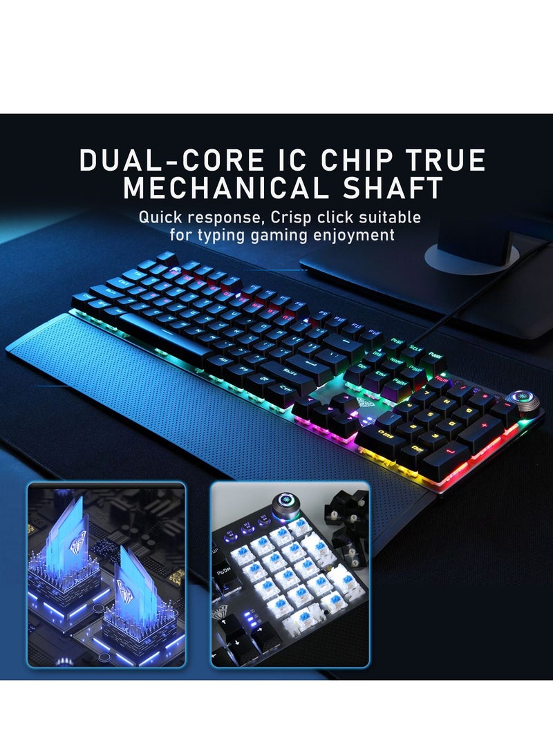 Mechanical Gaming Keyboard NKRO with Wrist Rest RGB Backlit Volume/Lighting Control Knob Fully Programmable 108-Keys Anti-Ghosting Wired Computer Keyboards for Office/Games, Brown Switch