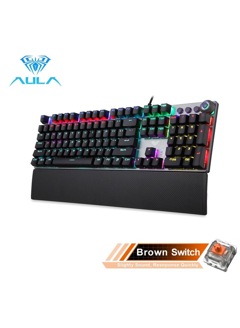 Mechanical Gaming Keyboard NKRO with Wrist Rest RGB Backlit Volume/Lighting Control Knob Fully Programmable 108-Keys Anti-Ghosting Wired Computer Keyboards for Office/Games, Brown Switch