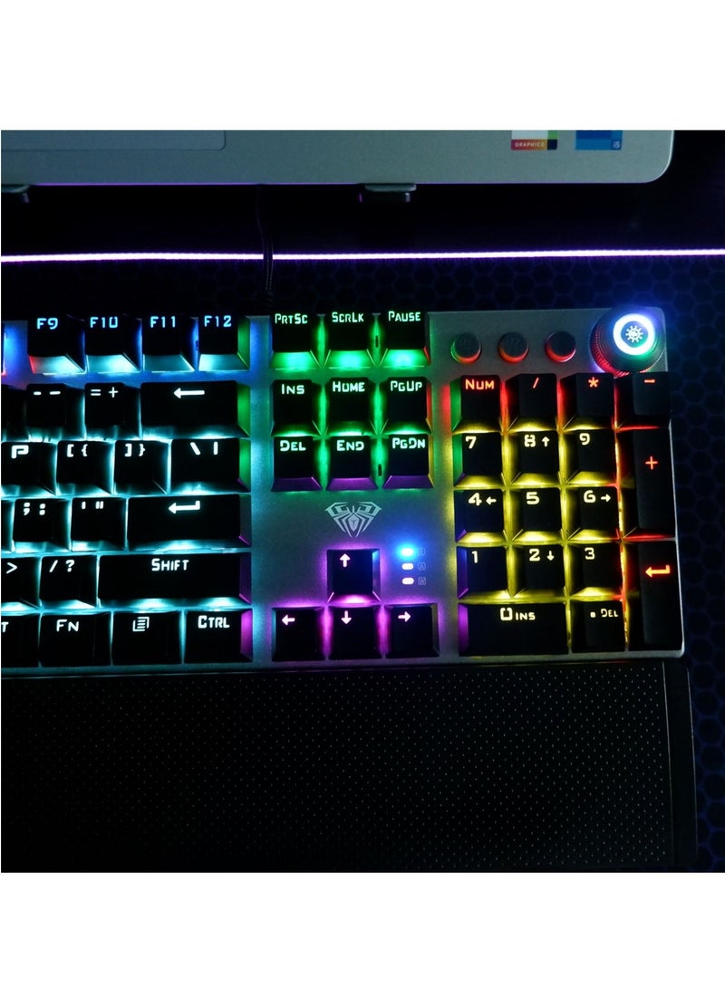 Mechanical Gaming Keyboard NKRO with Wrist Rest RGB Backlit Volume/Lighting Control Knob Fully Programmable 108-Keys Anti-Ghosting Wired Computer Keyboards for Office/Games, Brown Switch