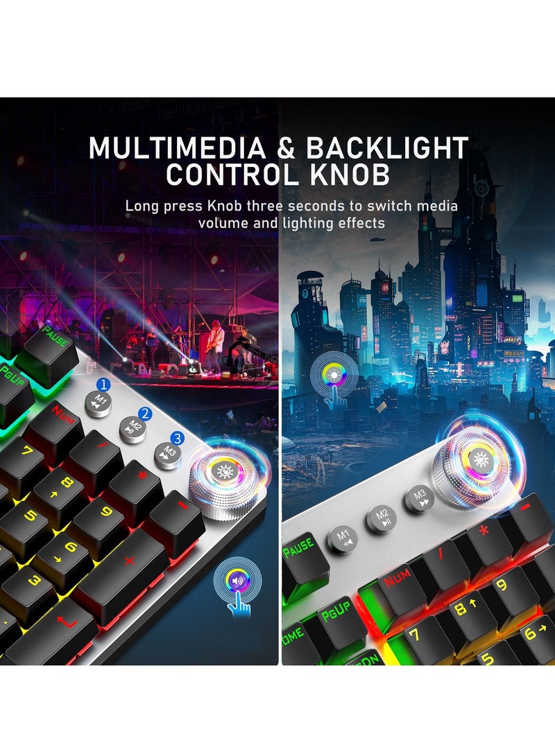 Mechanical Gaming Keyboard NKRO with Wrist Rest RGB Backlit Volume/Lighting Control Knob Fully Programmable 108-Keys Anti-Ghosting Wired Computer Keyboards for Office/Games, Brown Switch