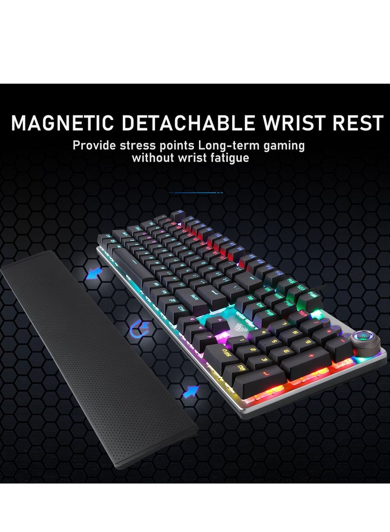 Mechanical Gaming Keyboard NKRO with Wrist Rest RGB Backlit Volume/Lighting Control Knob Fully Programmable 108-Keys Anti-Ghosting Wired Computer Keyboards for Office/Games, Brown Switch