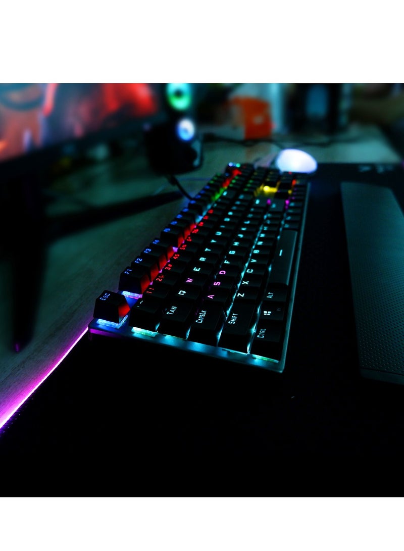 Mechanical Gaming Keyboard NKRO with Wrist Rest RGB Backlit Volume/Lighting Control Knob Fully Programmable 108-Keys Anti-Ghosting Wired Computer Keyboards for Office/Games, Brown Switch