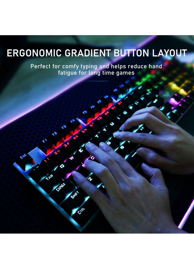 Mechanical Gaming Keyboard NKRO with Wrist Rest RGB Backlit Volume/Lighting Control Knob Fully Programmable 108-Keys Anti-Ghosting Wired Computer Keyboards for Office/Games, Blue Switch