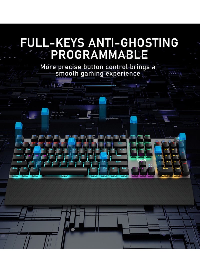 Mechanical Gaming Keyboard NKRO with Wrist Rest RGB Backlit Volume/Lighting Control Knob Fully Programmable 108-Keys Anti-Ghosting Wired Computer Keyboards for Office/Games, Blue Switch