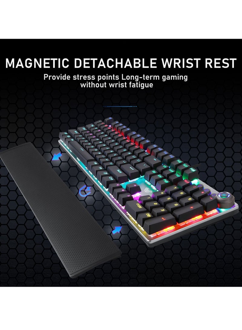 Mechanical Gaming Keyboard NKRO with Wrist Rest RGB Backlit Volume/Lighting Control Knob Fully Programmable 108-Keys Anti-Ghosting Wired Computer Keyboards for Office/Games, Blue Switch