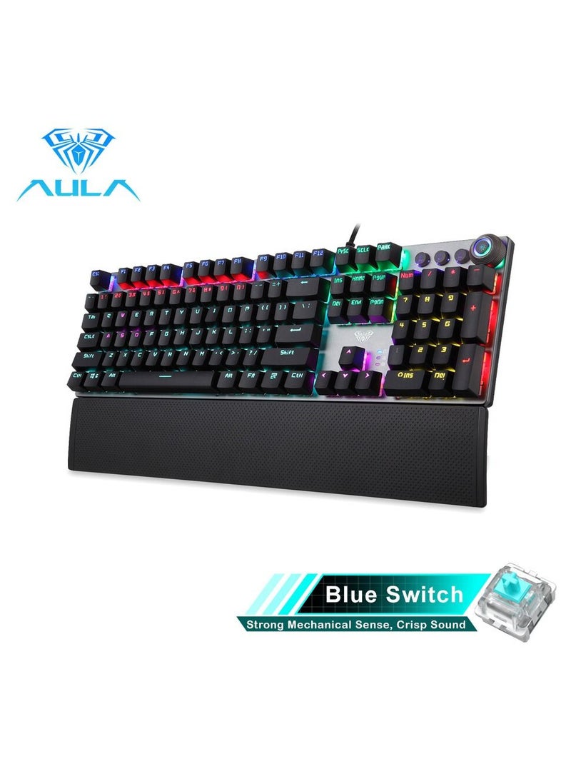 Mechanical Gaming Keyboard NKRO with Wrist Rest RGB Backlit Volume/Lighting Control Knob Fully Programmable 108-Keys Anti-Ghosting Wired Computer Keyboards for Office/Games, Blue Switch