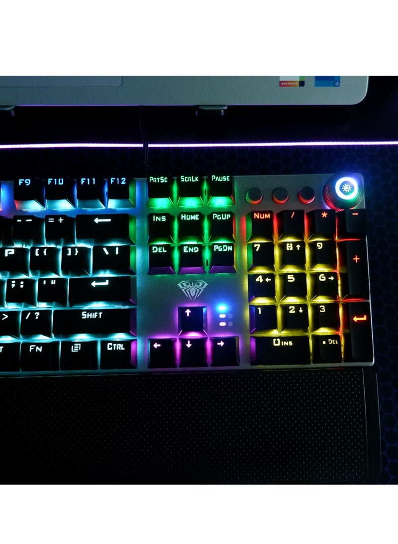 Mechanical Gaming Keyboard NKRO with Wrist Rest RGB Backlit Volume/Lighting Control Knob Fully Programmable 108-Keys Anti-Ghosting Wired Computer Keyboards for Office/Games, Blue Switch