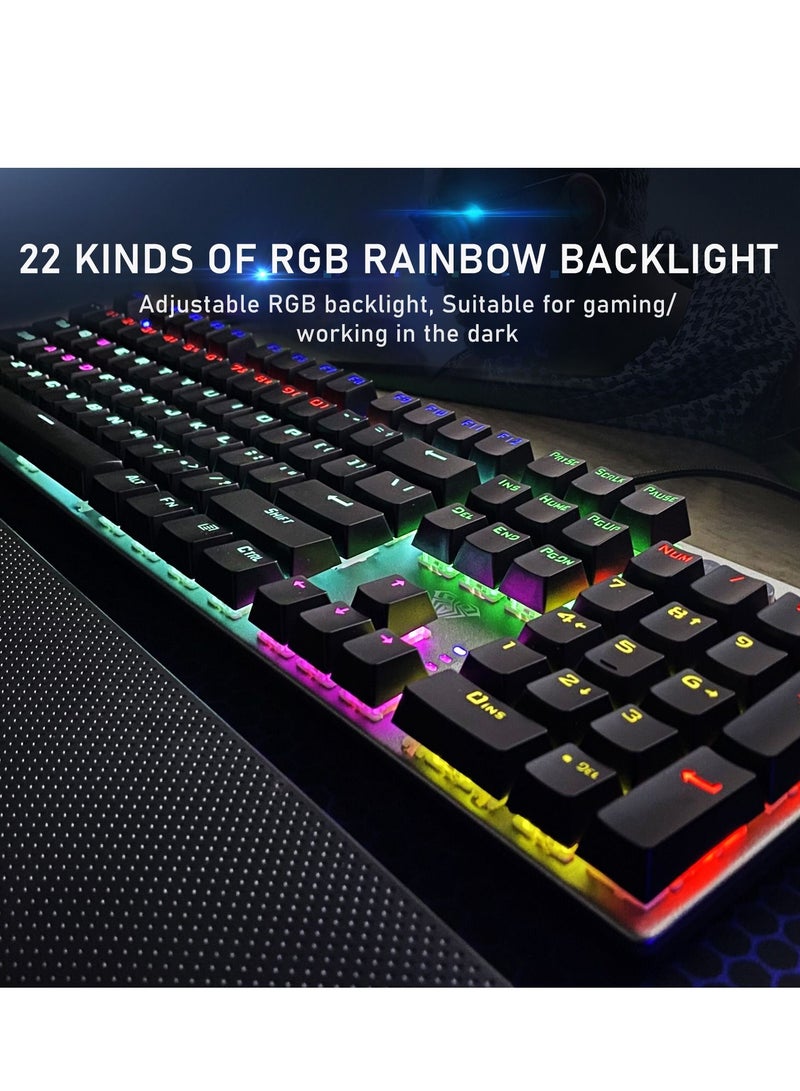 Mechanical Gaming Keyboard NKRO with Wrist Rest RGB Backlit Volume/Lighting Control Knob Fully Programmable 108-Keys Anti-Ghosting Wired Computer Keyboards for Office/Games, Blue Switch