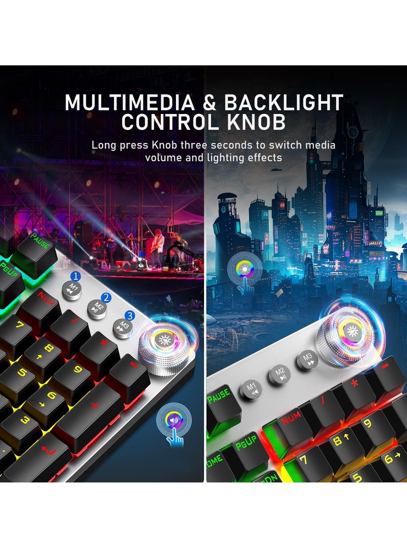 Mechanical Gaming Keyboard NKRO with Wrist Rest RGB Backlit Volume Lighting Control Knob Fully Programmable 108Keys Anti Ghosting Wired Computer Keyboards for Office Games Black Switch