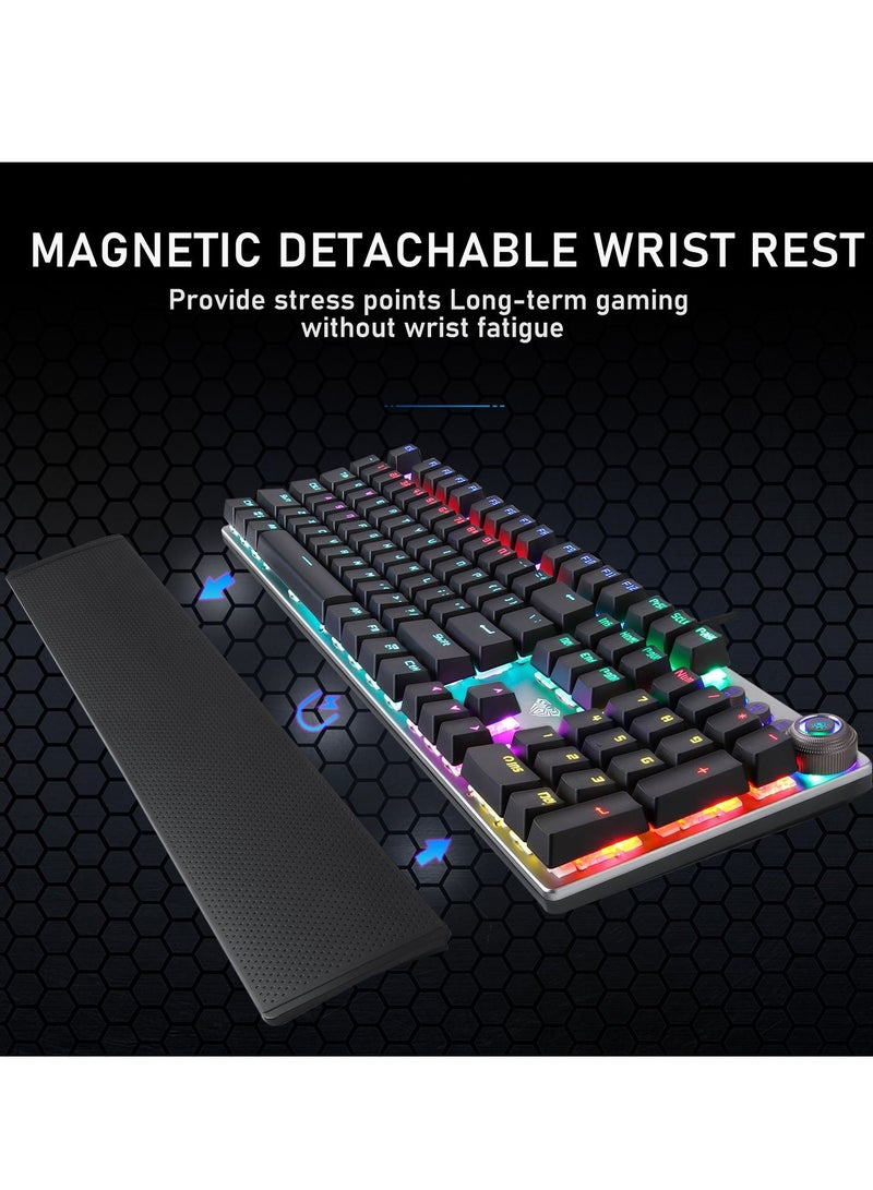 Mechanical Gaming Keyboard NKRO with Wrist Rest RGB Backlit Volume Lighting Control Knob Fully Programmable 108Keys Anti Ghosting Wired Computer Keyboards for Office Games Black Switch