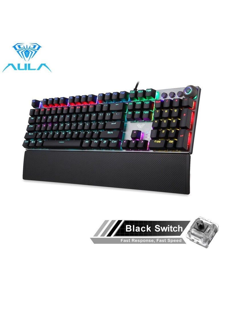 Mechanical Gaming Keyboard NKRO with Wrist Rest RGB Backlit Volume Lighting Control Knob Fully Programmable 108Keys Anti Ghosting Wired Computer Keyboards for Office Games Black Switch