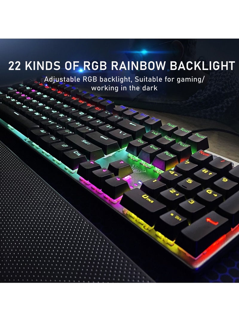 Mechanical Gaming Keyboard NKRO with Wrist Rest RGB Backlit Volume Lighting Control Knob Fully Programmable 108Keys Anti Ghosting Wired Computer Keyboards for Office Games Black Switch