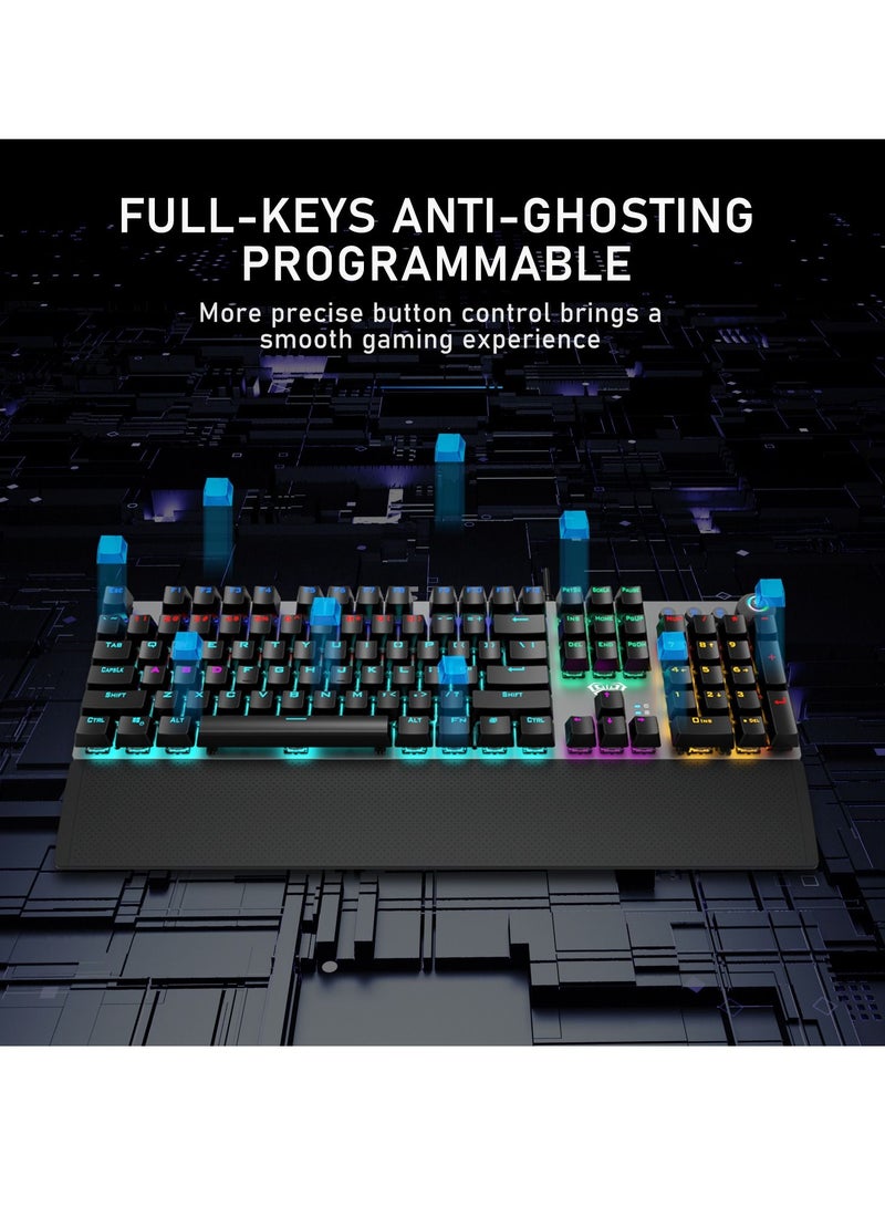 Mechanical Gaming Keyboard NKRO with Wrist Rest RGB Backlit Volume Lighting Control Knob Fully Programmable 108Keys Anti Ghosting Wired Computer Keyboards for Office Games Black Switch