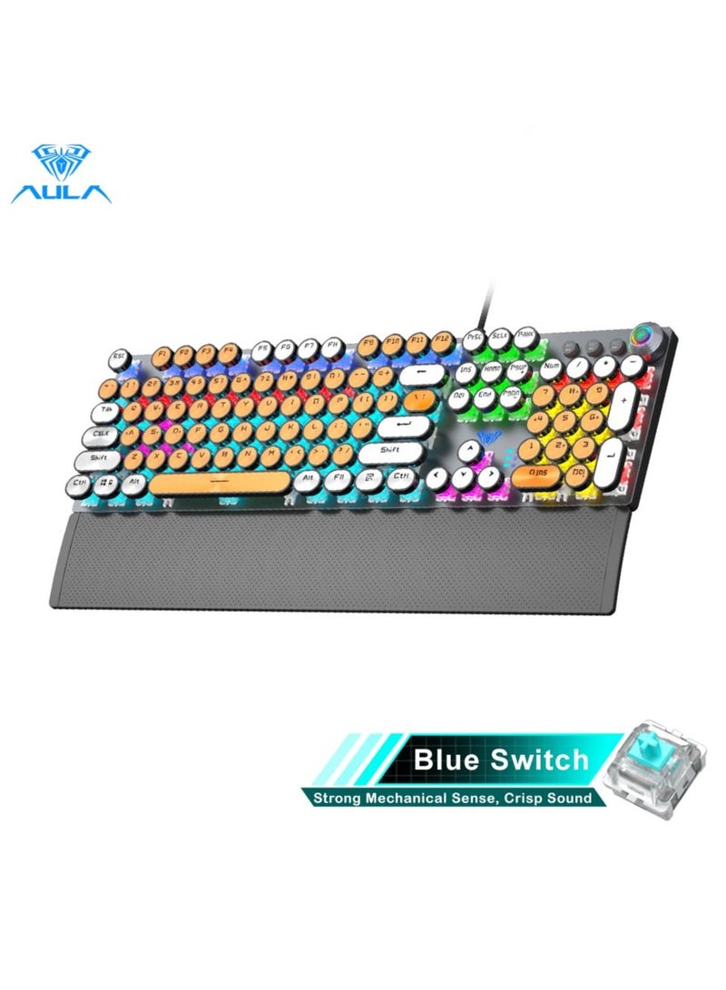 Mechanical Gaming Keyboard NKRO with Wrist Rest RGB Backlit Volume/Lighting Control Knob Fully Programmable 108-Keys Anti-Ghosting Wired Computer Keyboards for Office/Games, Blue Switch