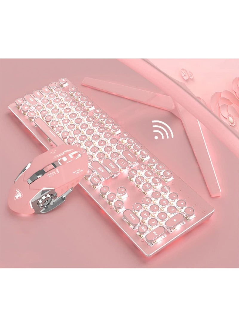 Gaming wireless Keyboard with Mouse set, Retro Punk Typewriter-Style, Blue Switches, White Backlight, for Game and Office, Stylish Pink Mechanical Keyboard