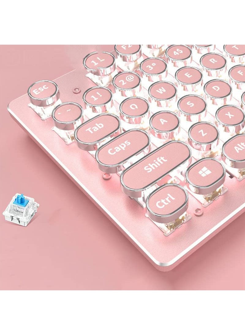 Gaming wireless Keyboard with Mouse set, Retro Punk Typewriter-Style, Blue Switches, White Backlight, for Game and Office, Stylish Pink Mechanical Keyboard