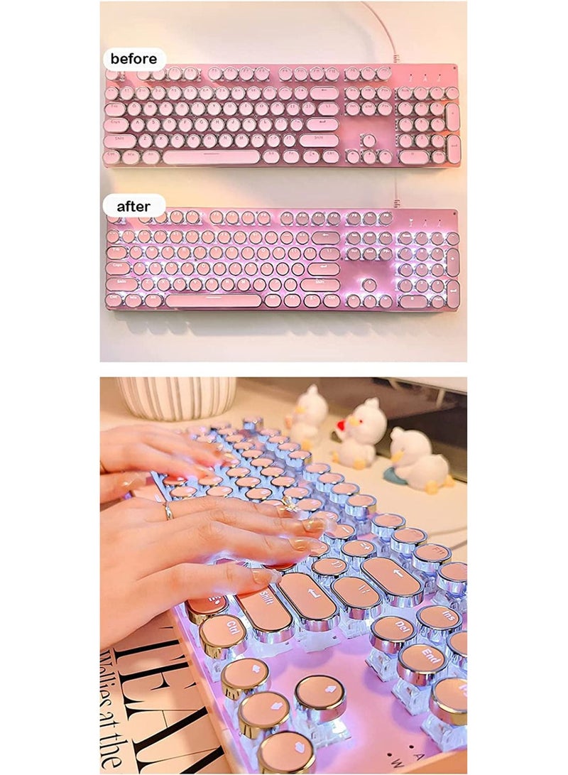 Gaming wireless Keyboard with Mouse set, Retro Punk Typewriter-Style, Blue Switches, White Backlight, for Game and Office, Stylish Pink Mechanical Keyboard