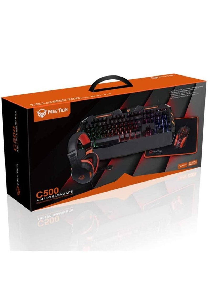 Meetion 4 in 1 C-500 PC Backlight USB Ergonomic Gaming Mouse Rainbow Keyboard and Mouse Pad Combo