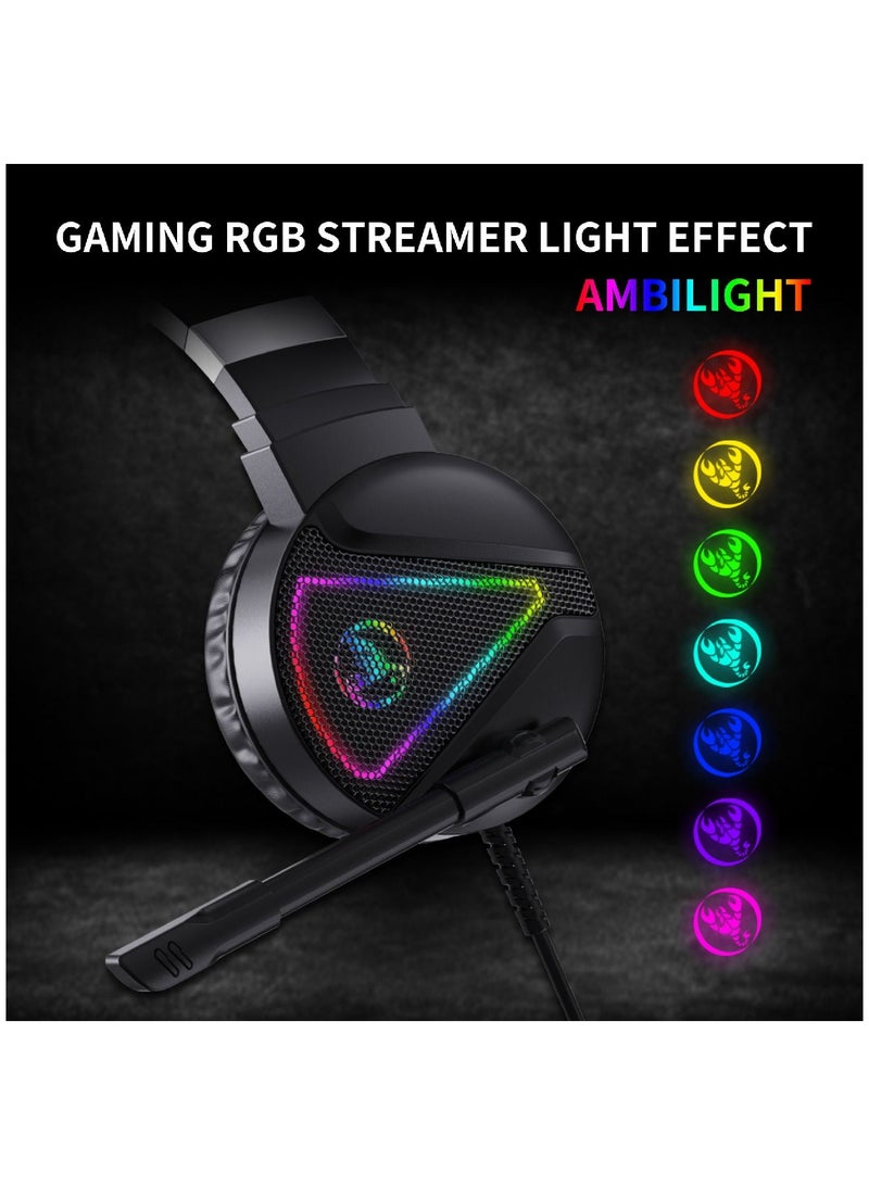 4-in-1 ENGLISH/ARABIC Gaming Keyboard Mouse Combo 104 Keys Rainbow Backlit Mechanical Keyboard RGB Backlit 5500 DPI Lightweight Gaming Mouse 3.5mm Gaming Stereo Headset For Pc Laptop Computer Black