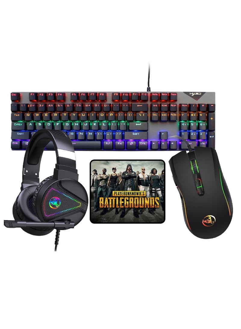 4-in-1 ENGLISH/ARABIC Gaming Keyboard Mouse Combo 104 Keys Rainbow Backlit Mechanical Keyboard RGB Backlit 5500 DPI Lightweight Gaming Mouse 3.5mm Gaming Stereo Headset For Pc Laptop Computer Black