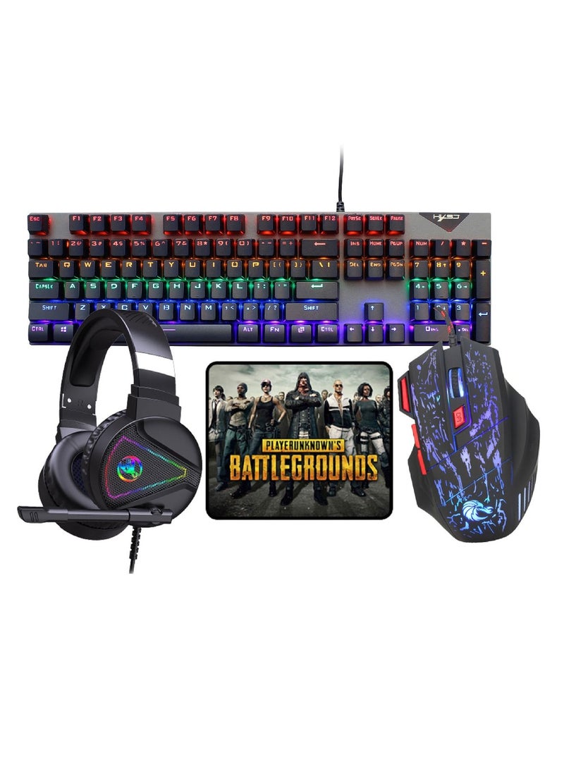 4-in-1 ENGLISH/ARABIC Gaming Keyboard Mouse Combo 104 Keys Rainbow Backlit Mechanical Keyboard RGB Backlit 5500 DPI Lightweight Gaming Mouse 3.5mm Gaming Stereo Headset For Pc Laptop Computer Black