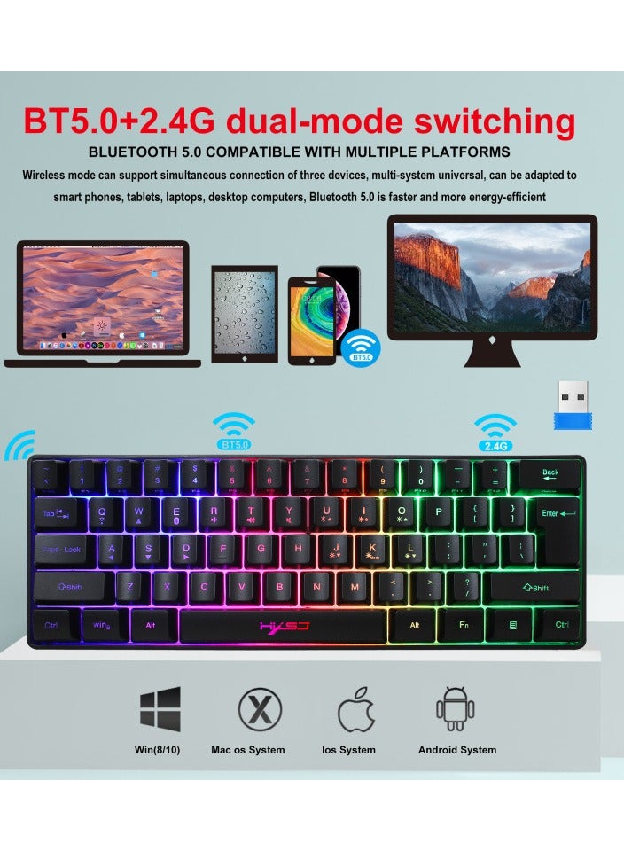 Wireless Gaming Keyboard 2000mAh Backlit Mini 61 Key With Bluetooth and 7 Keys Colorful Lighting Programmable Gaming Wireless Mouse