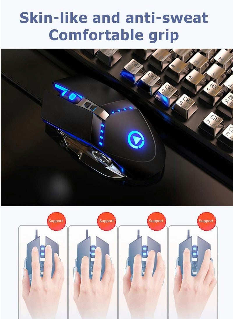 Gaming Mouse USB Wired RGB Backlit Silent Click Gamer with 4 Adjustable DPI Up to 3200, Comfortable Grip Ergonomic Optical Mice for Laptop PC Computer